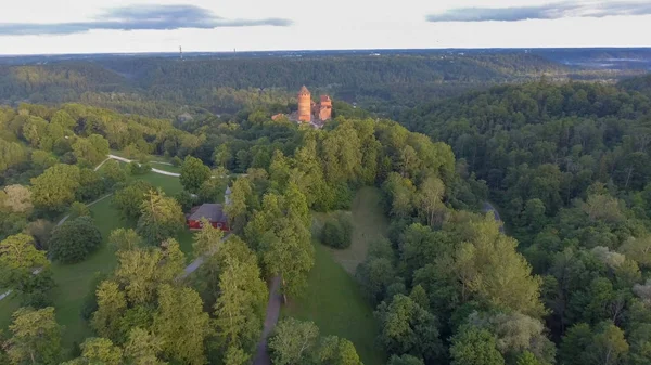 Turaida Slott Solnedgången Aerial View Lettland — Stockfoto