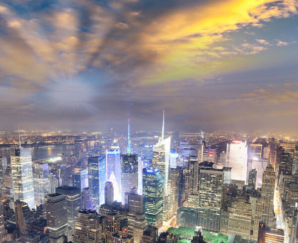 Amazing night aerial skyline of Manhattan, New York City - USA.