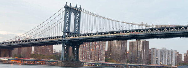 The Manhattan Bridge in New York City at sunset, USA.