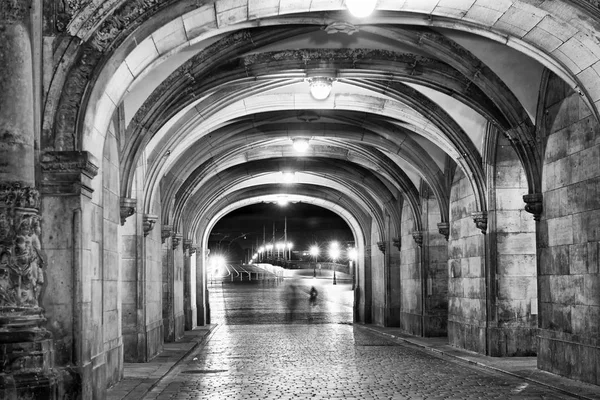 Shadows People Walking Night Ancient Medieval Loggias — Stock Photo, Image