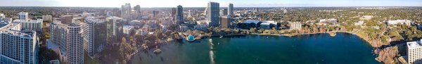 ORLANDO, FL - FEBRUARY 2016: Panoramic aerial view of city skyline at sunset. Orlando is a famous destination in Florida.