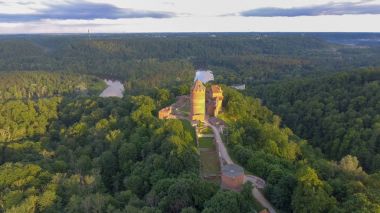 Beautiful aerial view of Turaida Castle at summer sunset, Latvia. clipart