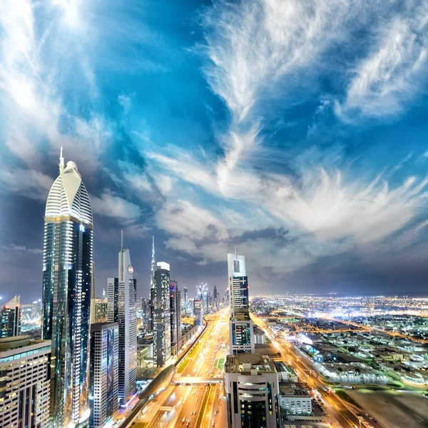 Skyline Downrtown Lungo Sheikh Zayed Road Notte Dubai — Foto Stock