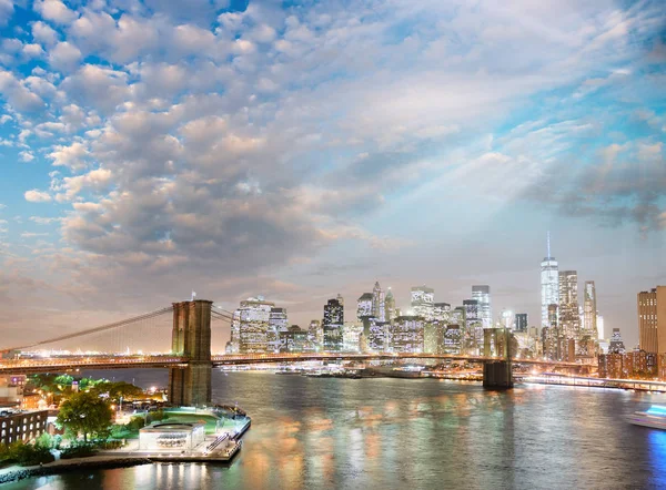 Noční Světla Manhattanu Letecký Pohled New York City Usa — Stock fotografie