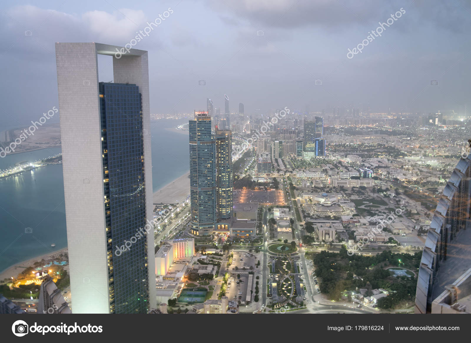 Aerial View Corniche Road Buildings Night Abu Dhabi Stock Photo