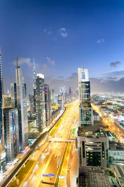 Skyline Downrtown Longo Sheikh Zayed Road Noite Dubai — Fotografia de Stock