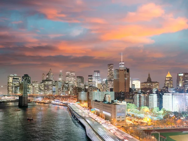 Luci Notturne Manhattan Veduta Aerea New York Usa — Foto Stock