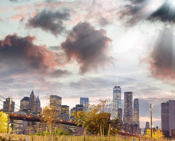 Brooklyn Bridge Downtown Manhattan Pôr Sol Nova Iorque — Fotografia de Stock