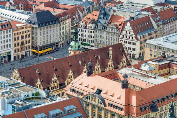 LEIPZIG, GERMANY - JULY 17, 2016: Aerial view of city buildings. Leipzig attracts 3 million tourists annually.