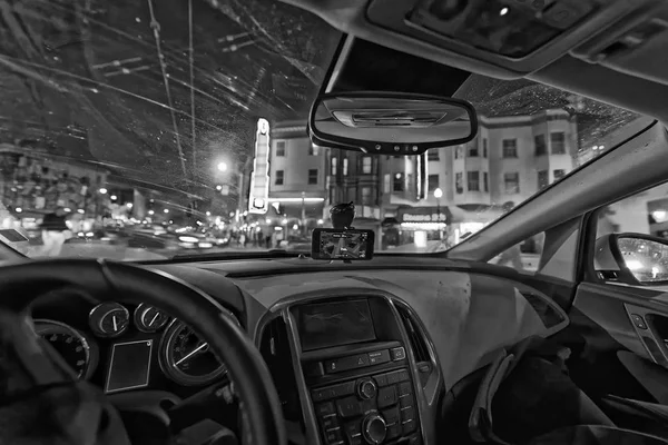 Nachts Stadtverkehr Unterwegs Blick Aus Dem Auto Innenraum — Stockfoto