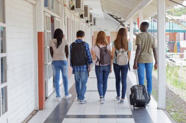 Multi ethnic teenagers friends walking in the school hallway, back view. clipart