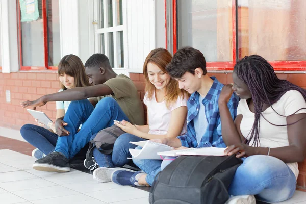 Багато Етнічних Друзів Підлітків Роблять Шкільні Тести Відкритому Повітрі Сидячи — стокове фото