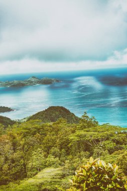 Bir tropik ada tepe dağ, ağaçlar ve okyanus görünümünden.