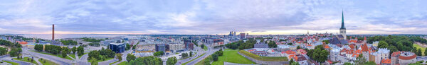 TALLINN, LITHUANIA - JULY 2017: Panoramic aerial view on a summer sunset. Tallinn attracts 5 million tourists annually.