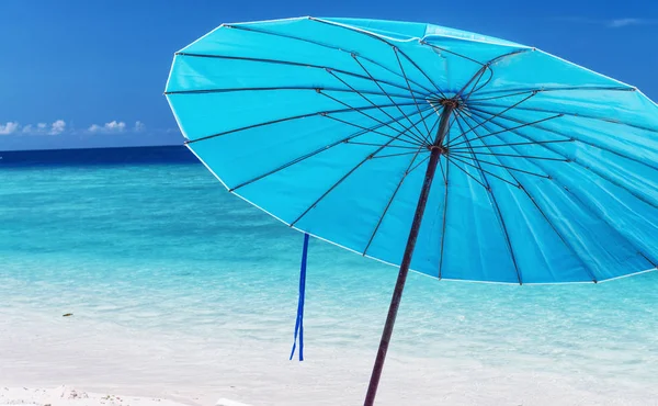 蓝色的雨伞与太阳床在一个美丽的热带沙滩 假日概念 — 图库照片