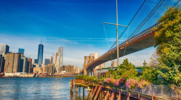 Brooklyn Bridge widok z Brooklyn Bridge Park jesienią, nowych Yo — Zdjęcie stockowe