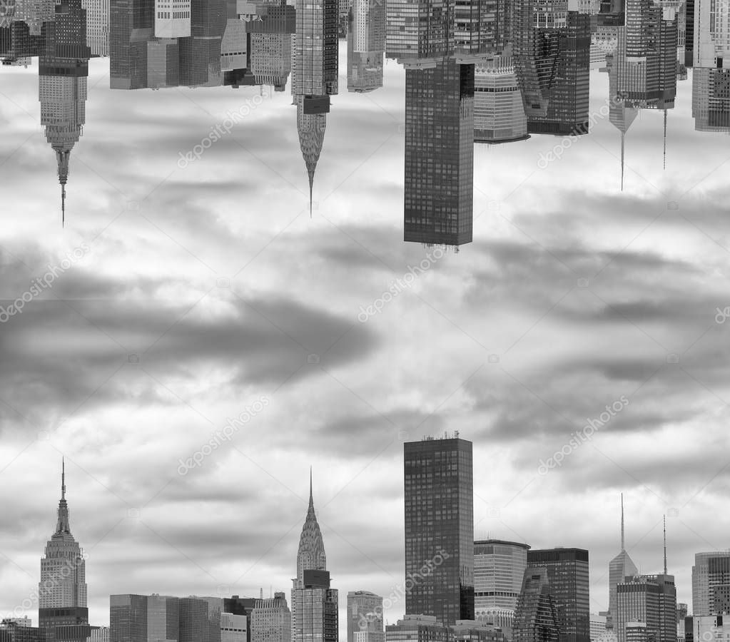 City upside down. Skyline futuristic unreal view.