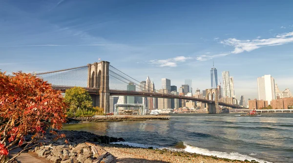 Podul Brooklyn vedere de la Brooklyn Bridge Park în toamnă, New Yo — Fotografie, imagine de stoc