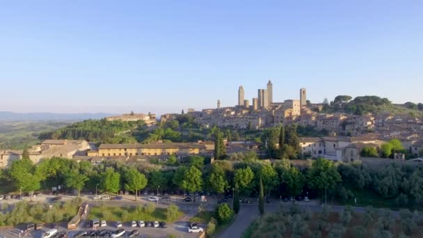 Fantastisk Solnedgång Flygfoto Över San Gimignano Medeltida Stad Provinsen Siena — Stockvideo