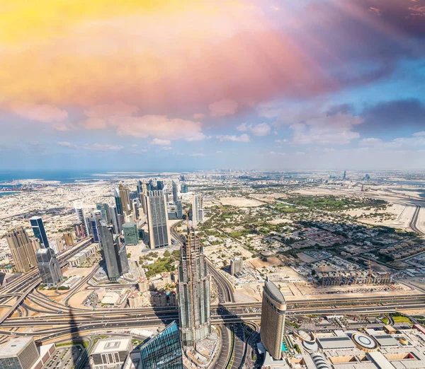 Skyline Van Dubai Vanuit Helikopter Bij Zonsondergang — Stockfoto