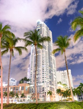 Miami, Florida. Gün batımı, havaya doğru görünümü, şehir merkezindeki gökdelenler.