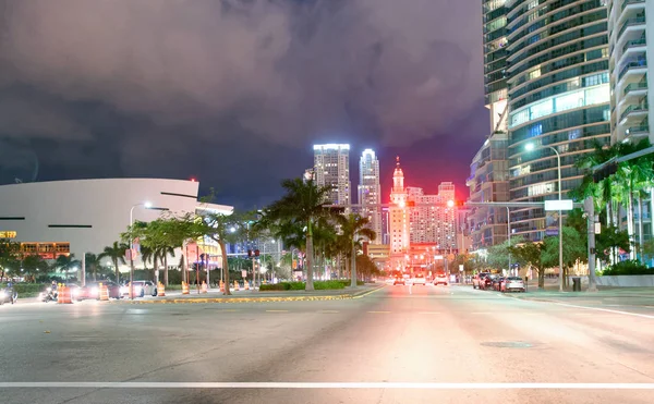 Street view of Downtown Miami at night, Florida.