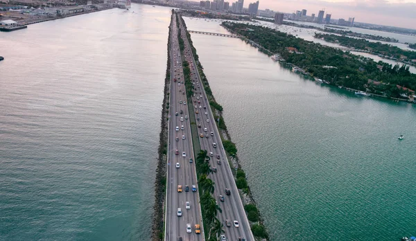 Letecký Pohled Západ Slunce Macarthur Causeway Miami Floridě — Stock fotografie