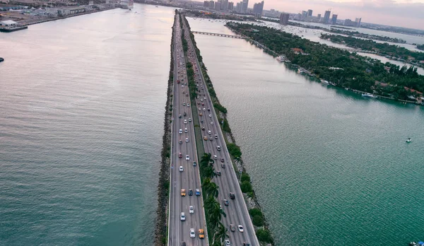 Naplemente Légifelvételek Macarthur Causeway Miami Florida — Stock Fotó