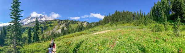 Matka Córka Chodzenie Panoramiczny Widok Niesamowity Krajobraz Mount Rainier Sezonie — Zdjęcie stockowe
