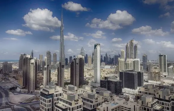 Luchtfoto Van Skyline Van Downtown Dubai Langs Rivier — Stockfoto