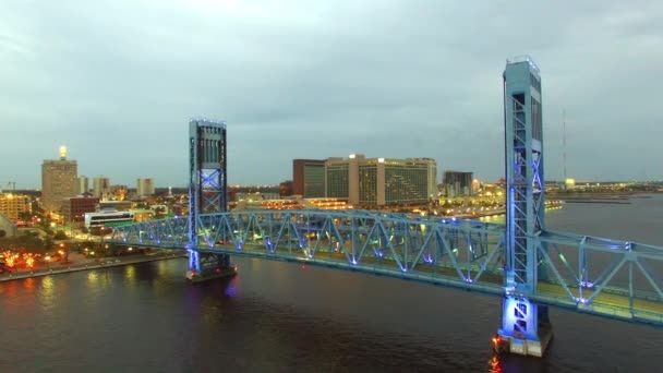 Amazing Sunset Aerial Skyline Jacksonville Bridge — Stock Video