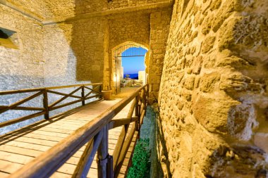Aerial view of Aragonese Fortress interior at night, Calabria, Italy. clipart