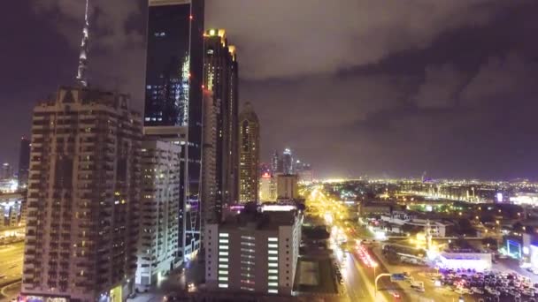 Luchtfoto Van Downtown Dubai Wolkenkrabbers Nachts Uae Video — Stockvideo
