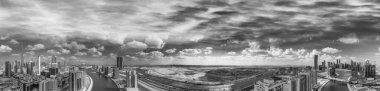 Dubai aerial panoramic view at winter sunset.