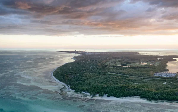 Miami aerial view of Key Biscayne at sunset.