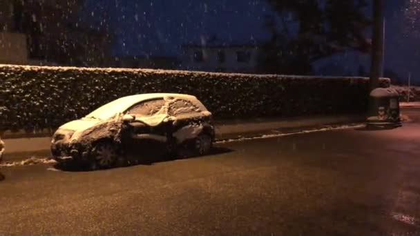 Geparkeerde Auto Nachts Tijdens Een Sneeuwval Video — Stockvideo