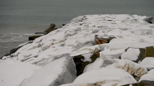 Niesamowite Seascape Zima Skały Pokryte Śniegiem — Wideo stockowe