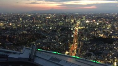 Tokyo siluetinin şehir çatı üzerinden hava gece görünümü.