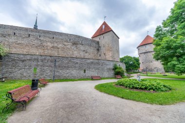 Antik duvarlar, kuleleri ve bahçeleri Tallinn, Estonya.
