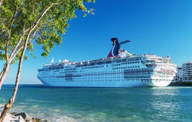 Miami - 25 Şubat 2016: Cruise Gemi Miami'den başlamaktadır. Ünlü bir bağlantı noktası için tıklayın: Caribbean cruises Miami olduğunu.