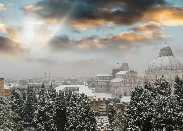 Пиза Италия Площадь Чудес Снегом Вид Закат Воздуха — стоковое фото