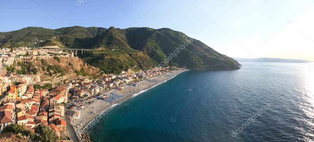 Scilla panoramic skyline at sunset, Calabria - Italy.