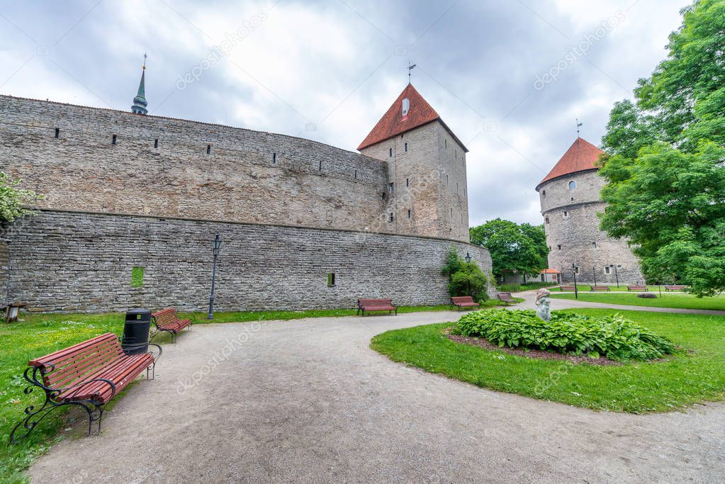 Ancient walls, towers and gardens of Tallinn, Estonia.