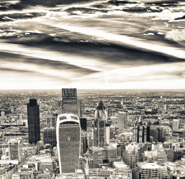 Aerial view of City of London skyline.