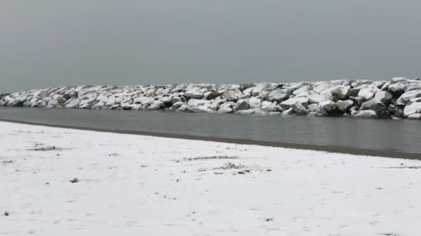 Amazing Winter Seascape Rocks Covered Snow — Stock Video