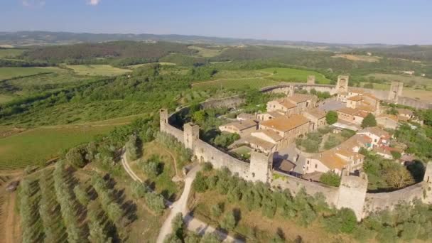 Luftaufnahme Der Mittelalterlichen Stadt Umgeben Von Kreisförmigen Mauern Freier Landschaft — Stockvideo