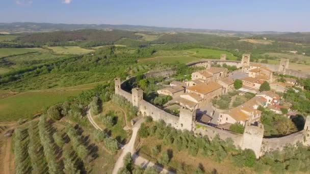 Letecký Panoramatický Pohled Středověké Město Obklopené Kruhové Zdi Otevřené Krajině — Stock video