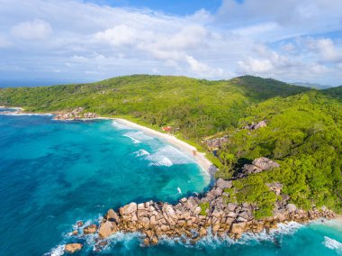 La Digue Adası, Seyşel Adaları Hava görünümünü sahil şeridi.