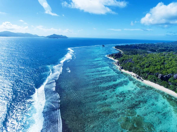 Seychelles Paesaggio Marino Visto Dal Drone Digue Island — Foto Stock