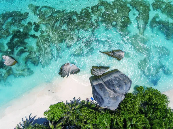 Kusten Digue Island Seychellerna Overhead Flygfoto — Stockfoto